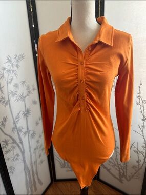 Zara Orange Ruched Button-Front Long-Sleeve Bodysuit